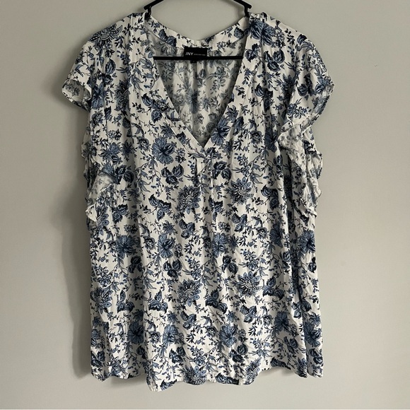Jones New York Tops - Jones New York Light Blue Floral V Neck Short Sleeve Blouse